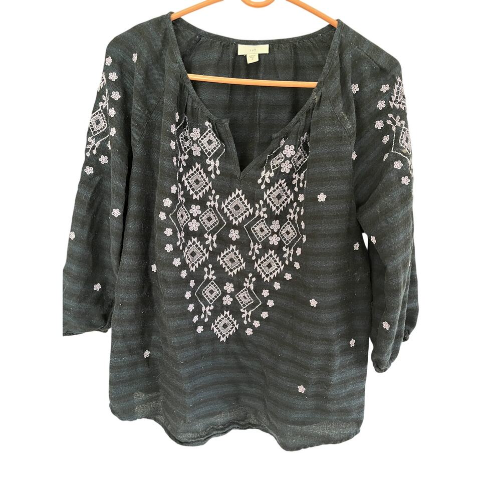 J.Jill Womens Top M Blouse Peasant Cotton Embroidery Navy  Cottage Boho Resort
